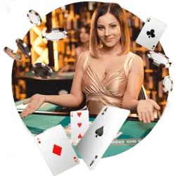 Nuebe Gaming live dealer at a casino table dealing cards, with a welcoming smile and playing cards floating around her.