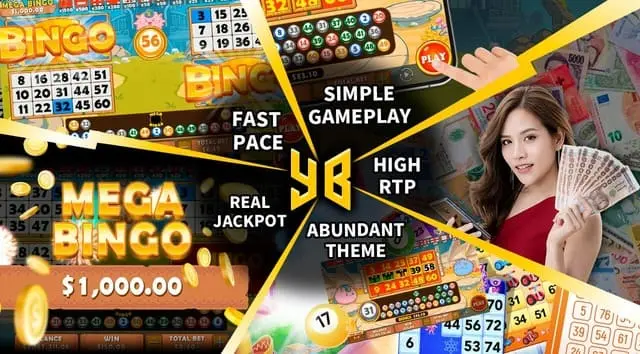 Collage featuring various Nuebe Gaming bingo game attributes.