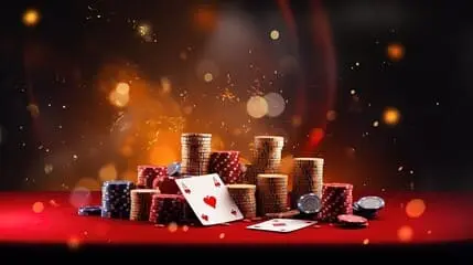 Piles of poker chips with playing cards on a red table, highlighted by sparkles, representing Nuebe Gaming table games.
