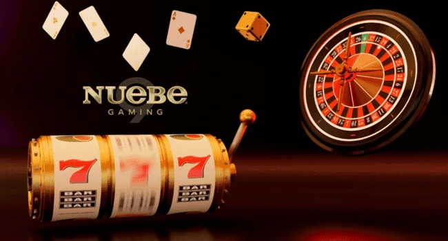 Slot machine with symbols on reels, playing cards in mid-air, and roulette wheel in motion on a dark background, with 'Nuebe Gaming' logo.