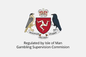 Logo of the Isle of Man Gambling Supervision Commission featuring a shield with three armored legs, flanked by a peregrine falcon and a raven, with a motto scroll.