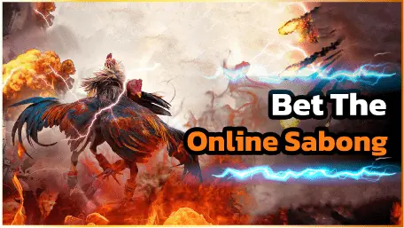 Artistic depiction of a cockfight with the text 'Bet The Online Sabong' for Nuebe Gaming sabong betting.