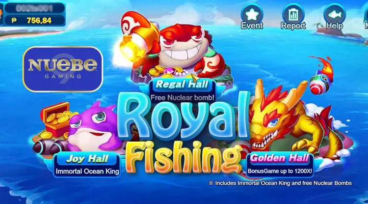 Animated promotional banner for Nuebe Gaming fishing games featuring colorful sea creatures and 'Royal Fishing' text.